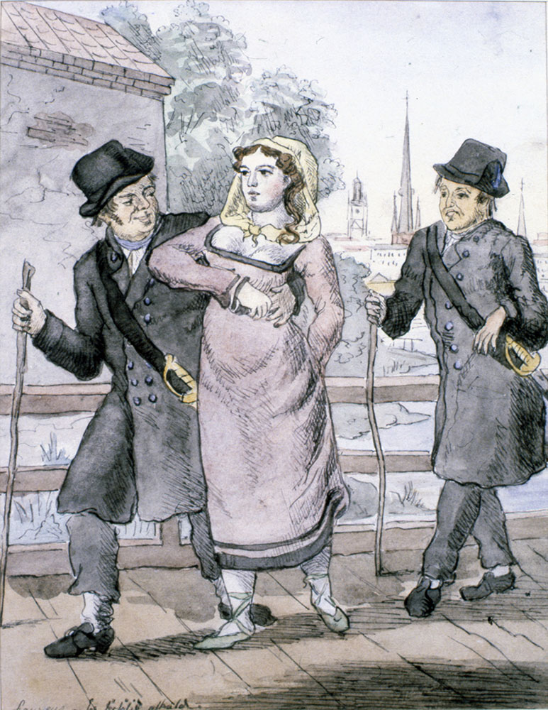 Kaupunginpalvelijoiden tehtäviin kuului mm. varkaiden ja irtolaisten pidättäminen. Alexander Lauréuksen akvarelli kaupunginvartijoista työssään 1808–1809.